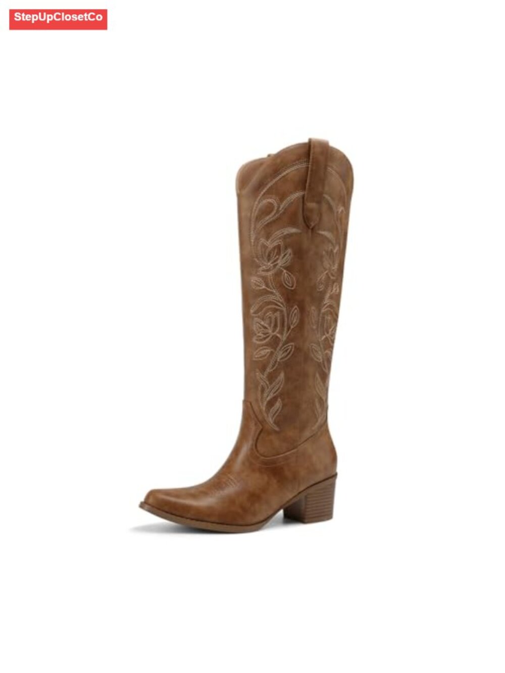 Faux Leather Knee High Cowboy Boots Square Toe Western Floral Embroidery